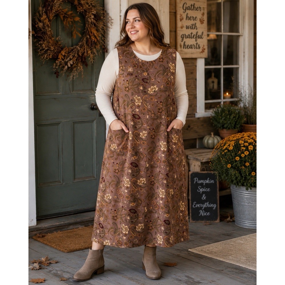 Serengeti 2X Corduroy Jumper Dress Brown Paisley Floral Boho Cottagecore Cotton